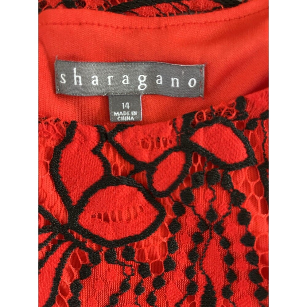 Sharagano Floral Lace Overlay Womens Cocktail Dress Size 14 Red Black Classic - Picture 11 of 13